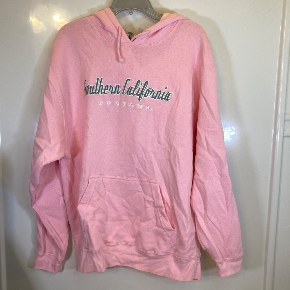 USC Trojans Hoodie Sweatshirt Pink Gray White Sz L Embroidered Logos